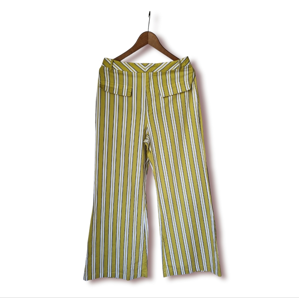 Vintage striped High rise cotton blend wide leg Boho green flare pants Large